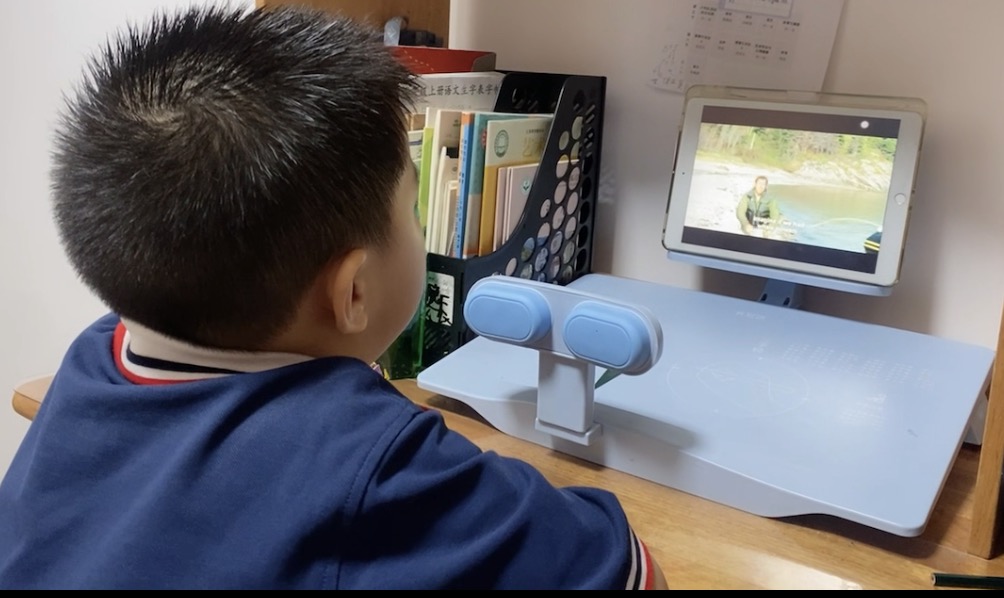 A student watching an online lesson on a tablet at home